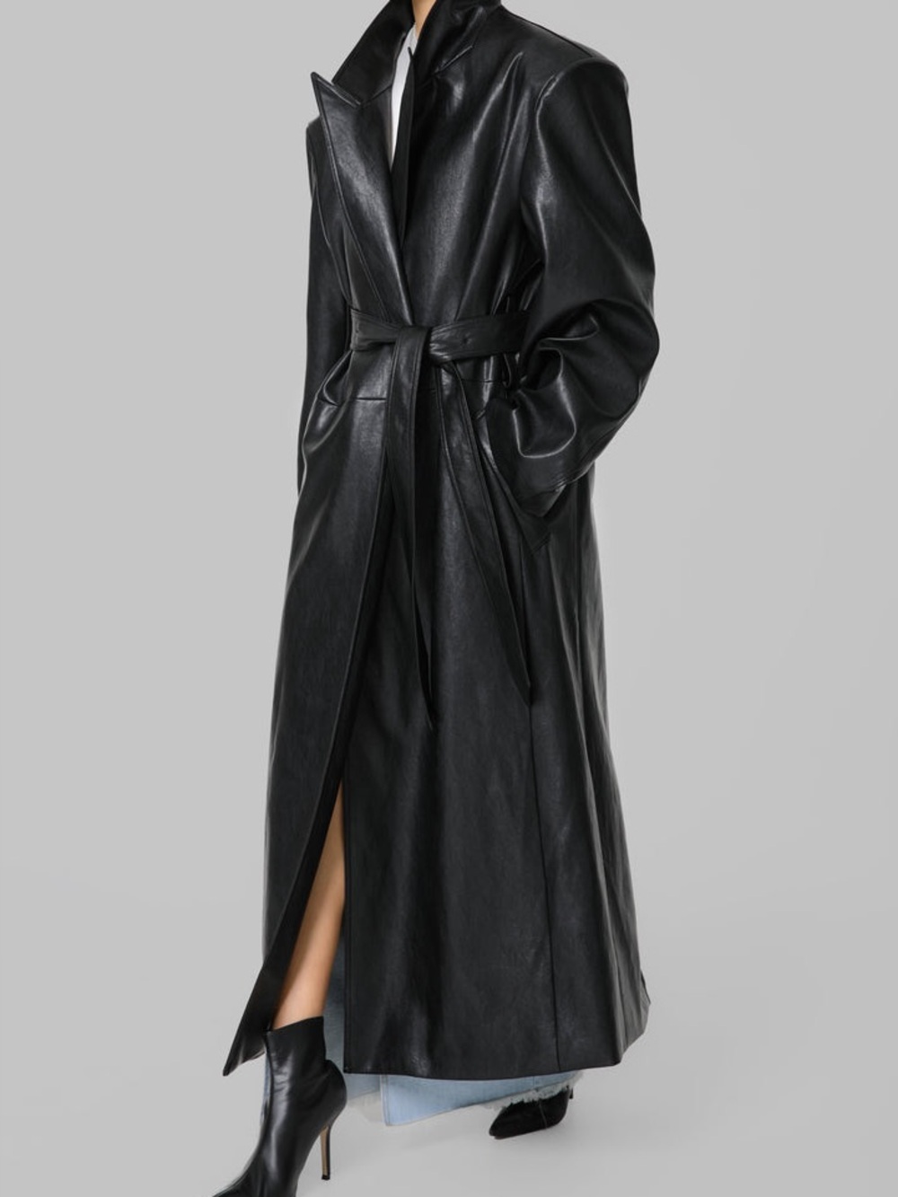 The Frankie Shop Black Connie Faux Leather Belted Trench Coat